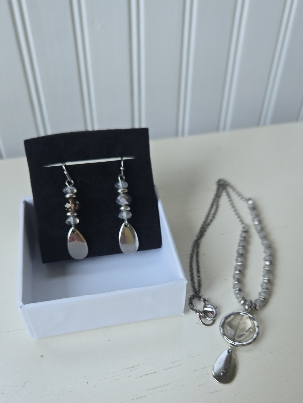 Silver Teardrop Pendant Necklace and Earrings Set